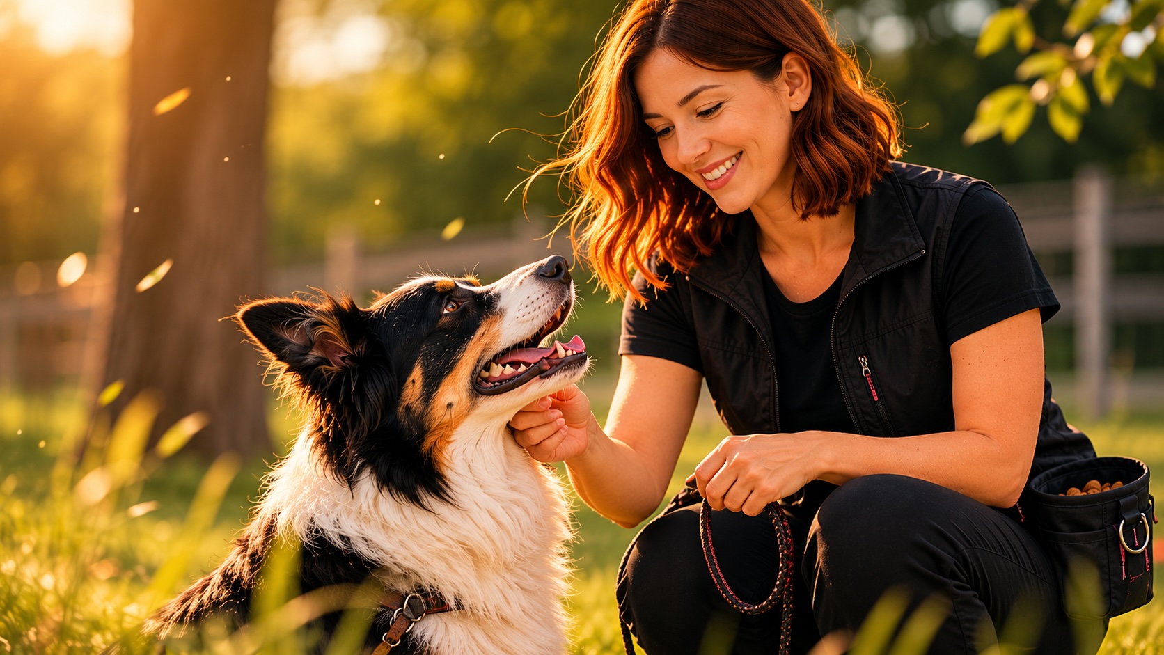 Éducatrice canine en séance avec un border collie en extérieur — gestion de rendez-vous simplifiée